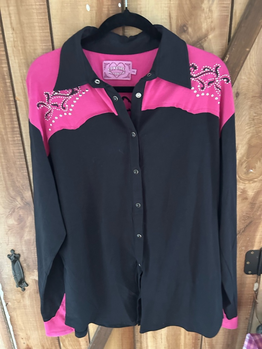 Cowgirl Hardware Western Pink and Black Rodeo Long Sleeve Shirt Rhinestone XXL
